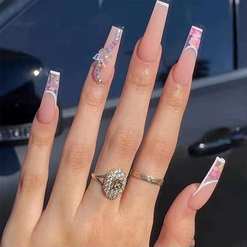 (Hand made nail) European and American Spicy Girl Super Long Instagram Dark Small Stand Retro Trapezoidal Shining Diamond Beauty False Nail Patch Detachable Wearable Nail