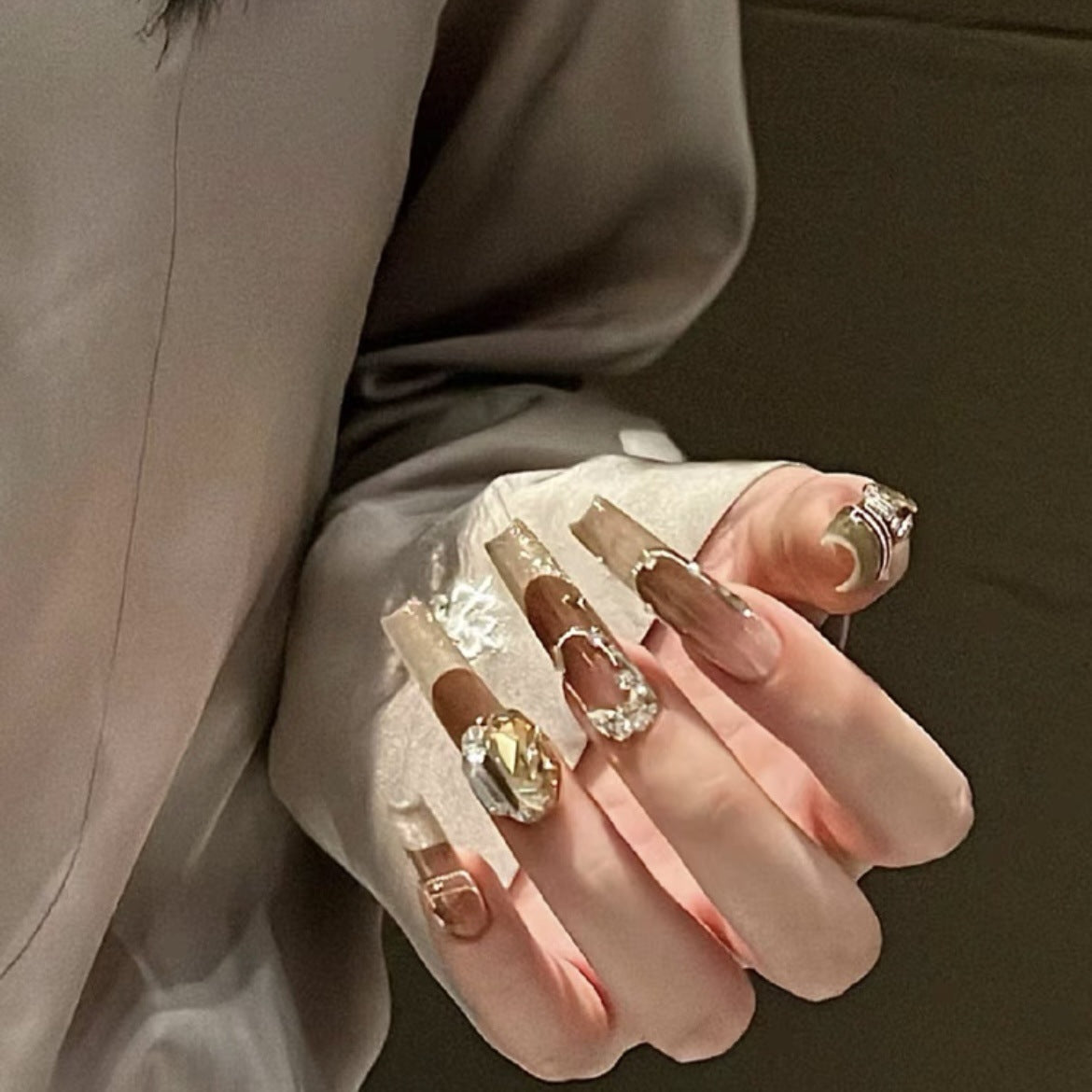 (Hand-Made Nail) Gorgeous and Rich Nail Beauty Rich Socialite European and American Long Ladder French Cat Eye Gradient Autumn Long Detachable Wear Nail