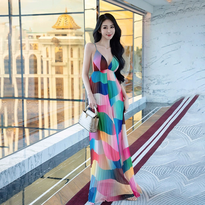 Fashion women's wear Rainbow Striped V-neck Strap Dress Women's Summer Beach Dress Sanya Vacation Style Sexy Backless Slim Fit Long Dress
