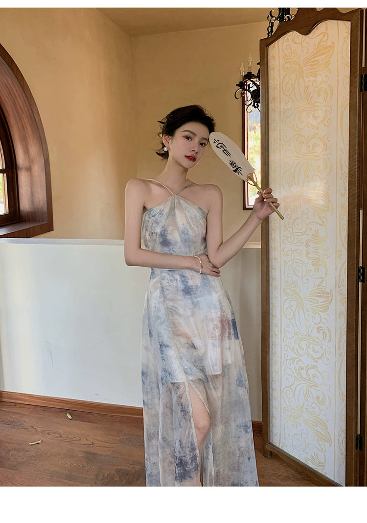 Fashion women's wear Chiffon Niche Sleeveless Split Halter Spaghetti Straps Dress Retro Hong Kong Style Tight Waist Seaside Vacation Dress Beach Dress