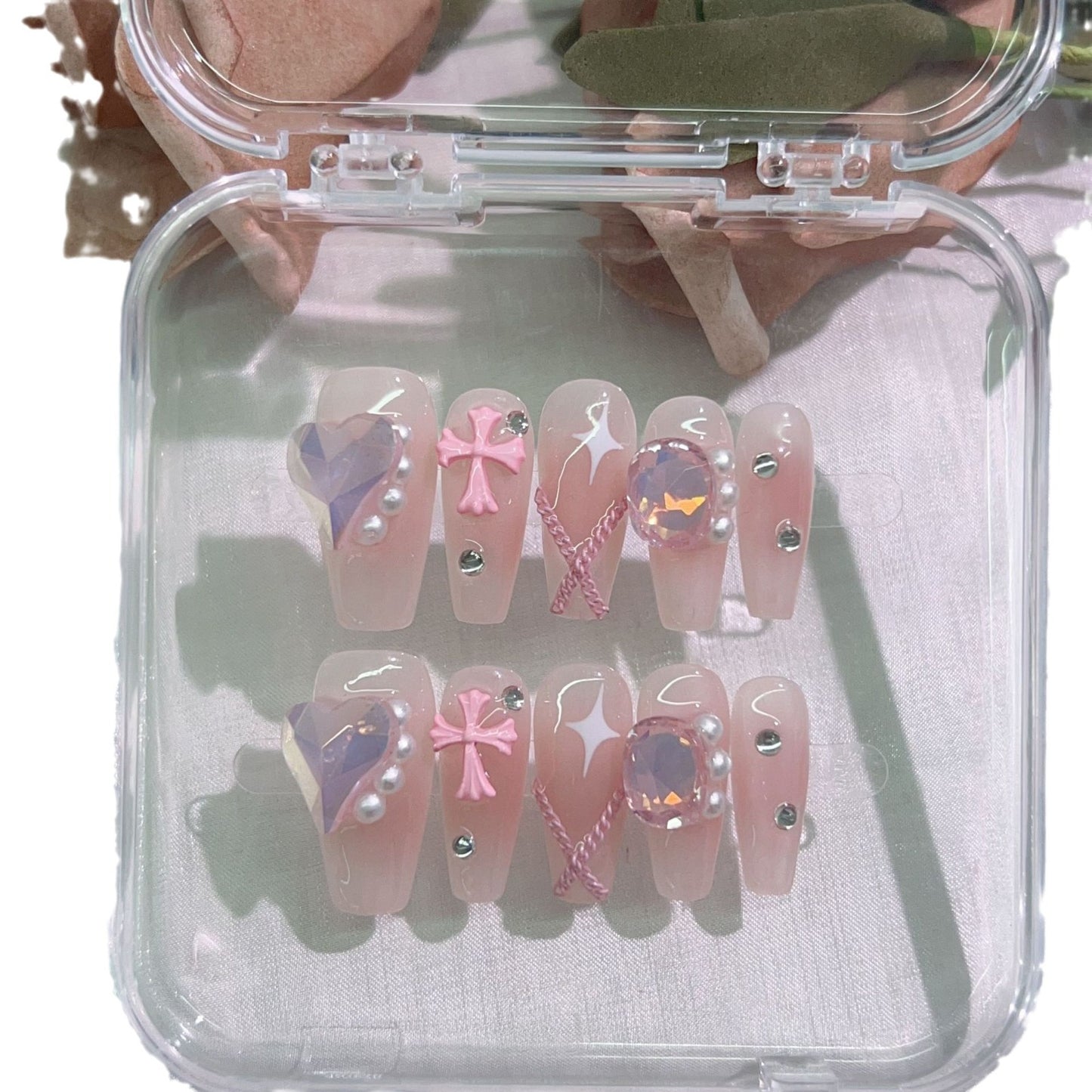 (Hand-Made Nail) Pure Desire Clear Feeling Gentle Fairy Girl Pile Rhinestone Nail Stickers Fake Nail Patch Wear Nail Tip Finished Product Detachable