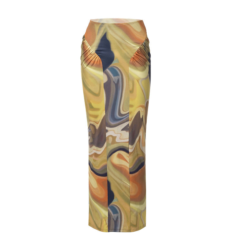 Fashion women's wear M22sk531 Autumn New 2024 High Waist Sheath Print Pleating Casual Fashion   Women's Skirt