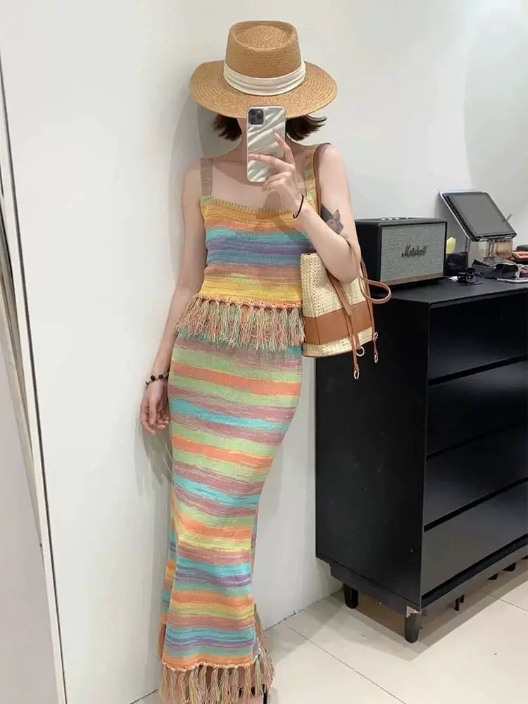 Fashion women's wear Summer New Women's Seaside Holiday Rainbow Color Strap Dress Classic Style Set Matching Age-Reducing Suit Skirt