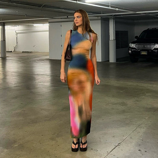 Fashion women's wear European and American Ins Star Tie-Dye Design Sleeveless Dress Summer New Hot Girl Sheath Split Dress Fashion