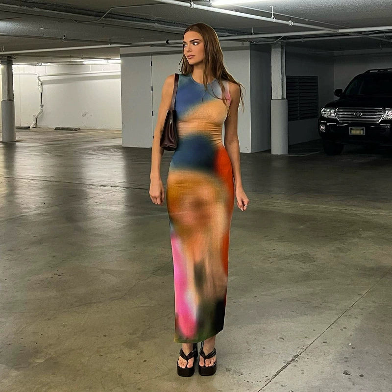 Fashion women's wear European and American Ins Star Tie-Dye Design Sleeveless Dress Summer New Hot Girl Sheath Split Dress Fashion