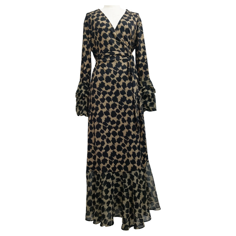 Fashion women's wear Small Red Lip Lantern Sleeve Collarless Long Dress One-Piece Elegant New Leopard Print Printed V-neck Lace-up Wrap Skirt