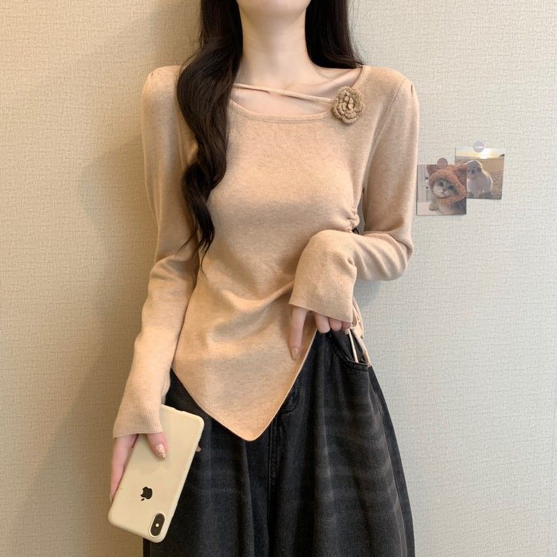 Dopamine tops Free shipping Tattoo Dopamine red three-dimensional flower long-sleeved knitted sweater for women's early autumn side drawstring closed waist and thin outer wear small top