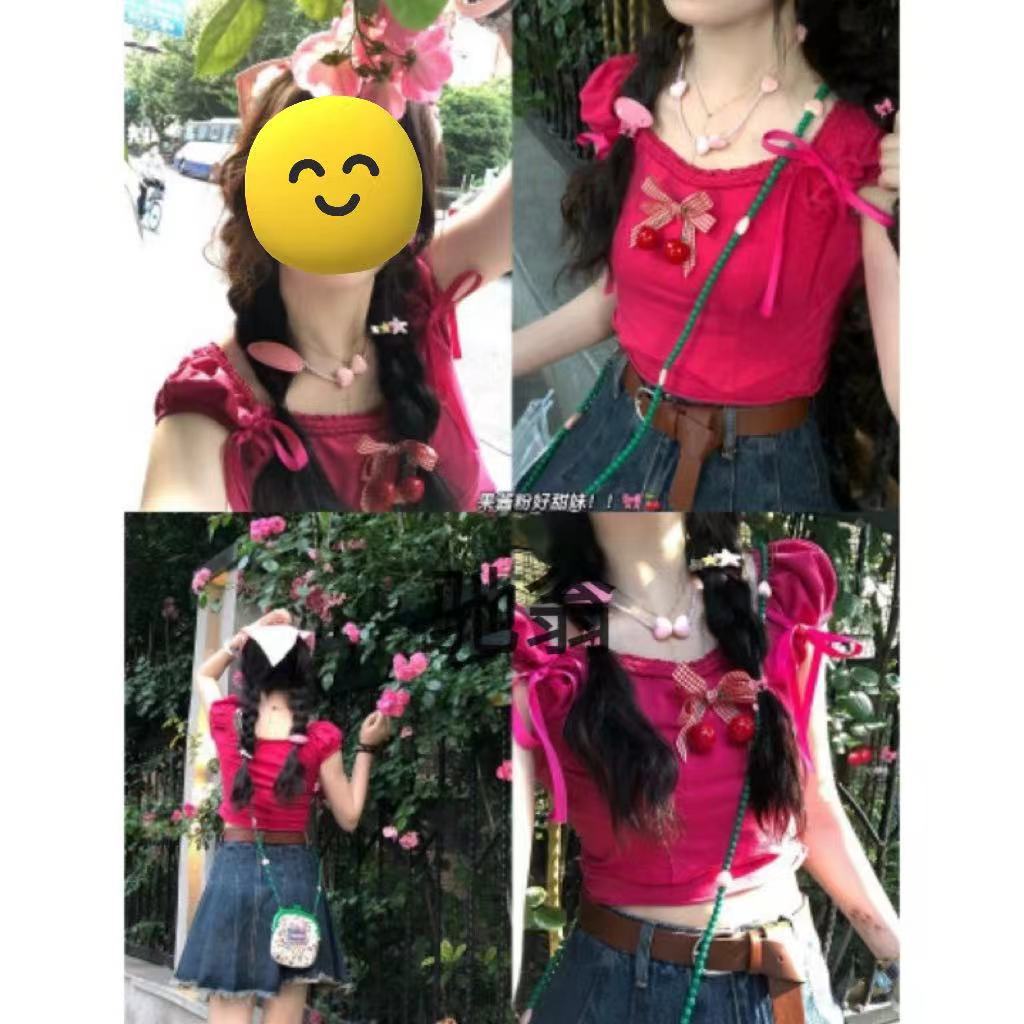 Dopamine tops Free shipping Tattoo Sweet dopamine braided rope bow lace-up short-sleeved T-shirt women's summer new cherry brooch short top