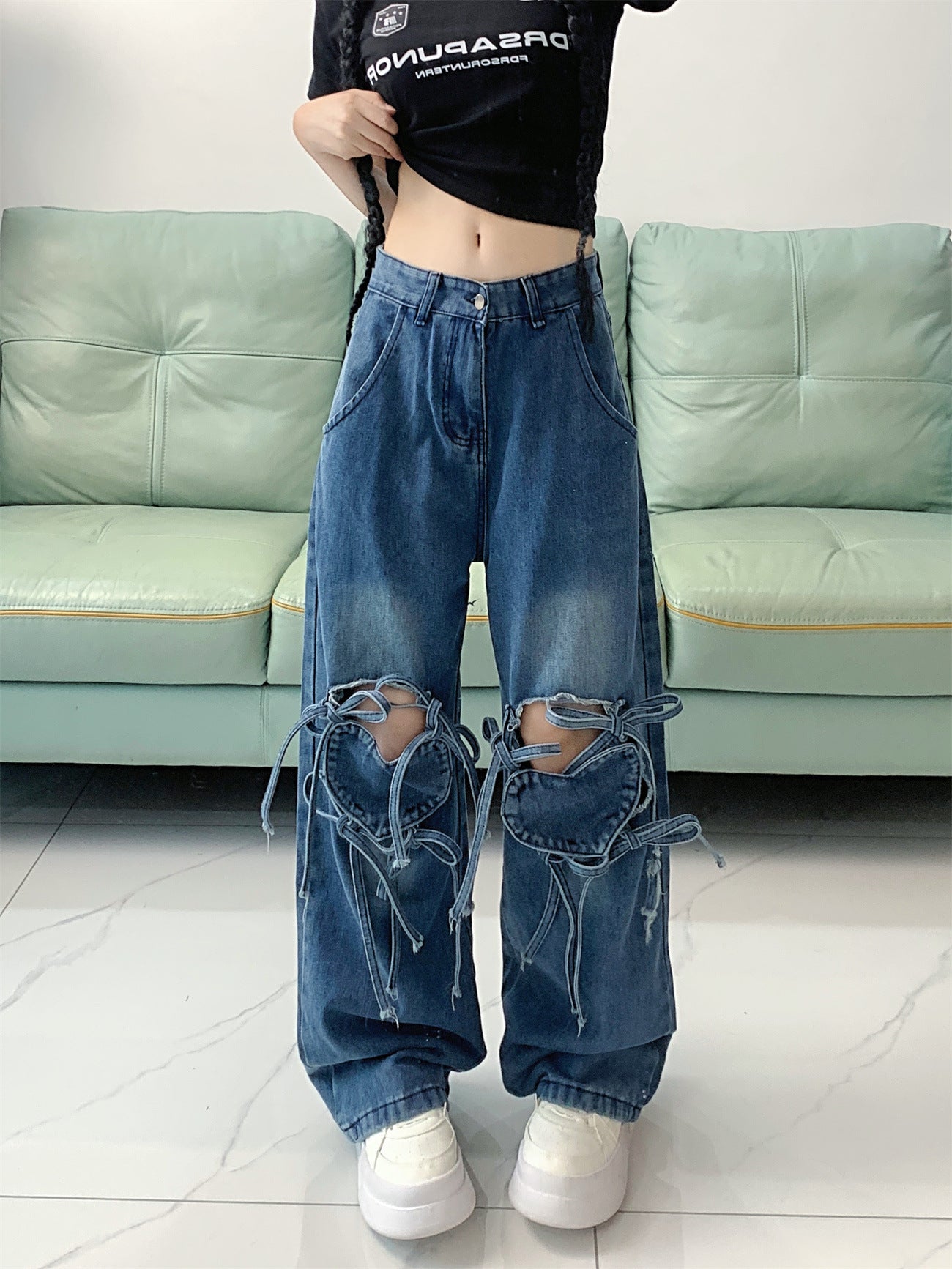 Dopamine pants Free shipping Tattoo Jeans women's spring dopamine wear retro love strap design sense straight women's pants tide