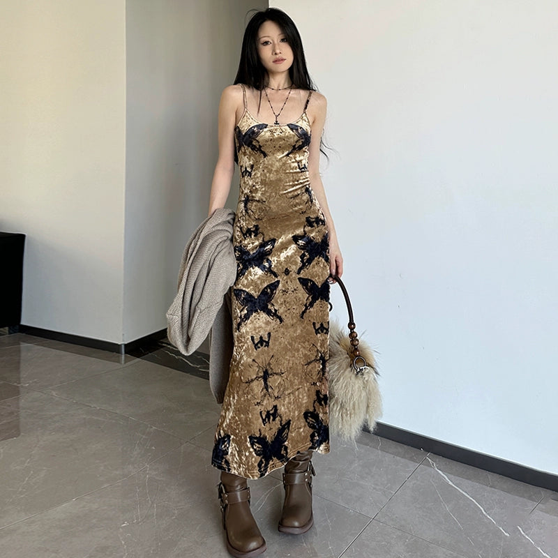Fashion women's wear Wilderness Butterfly Printing Slip Dress 2024 Autumn New Hot Girl Sexy Slim Fit Slimming Sheath Dress