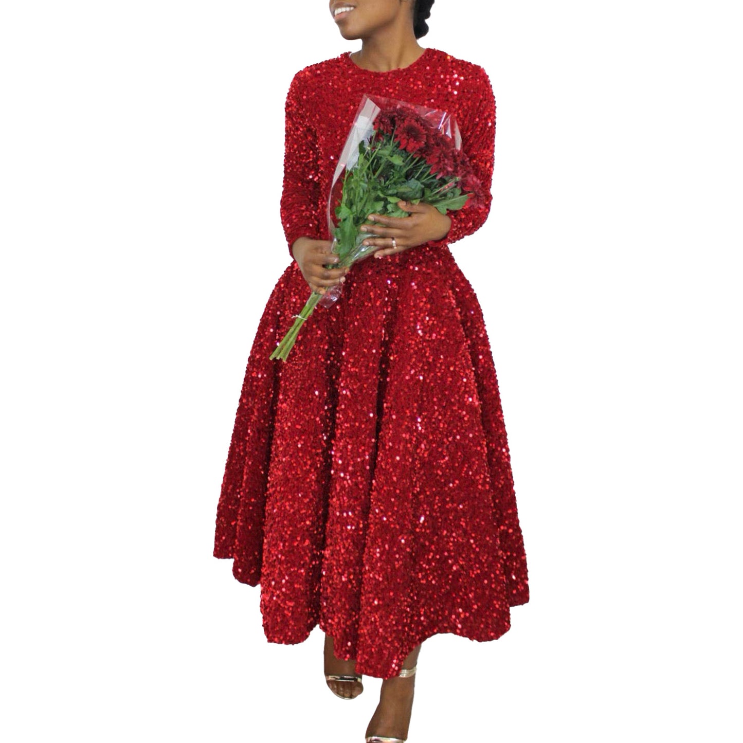 Fashion women's wear D469 Cross-Border New Arrival Women's round Neck Long Sleeve Pure Color Sequins High Waist Temperament Mid-Length Formal Dress European and American Style Dress