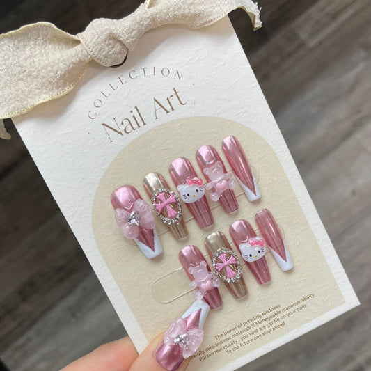 (reusable nail)"Handmade real shot" handmade nail cartoon cute Hello Kitty hug bear Croce cross bow