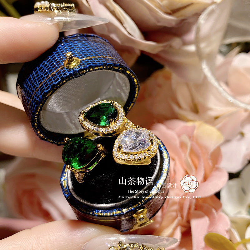 Camellia璀璨高级感ins孔雀绿锆仿钻石戒指 可调节轻奢冷淡风指环
