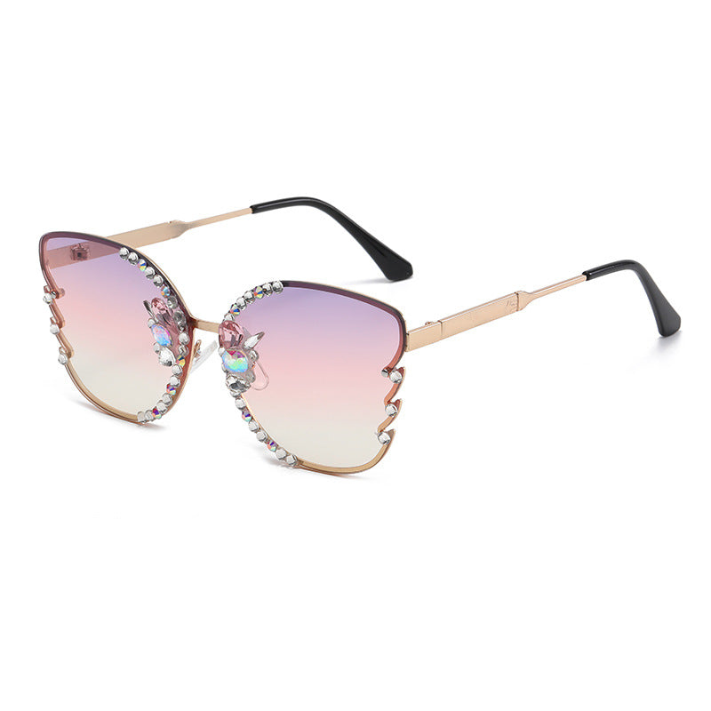 Women's fashion glasses 跨境专供欧美大框街拍新款镶钻太阳眼镜时尚金属女士潮流墨镜批发