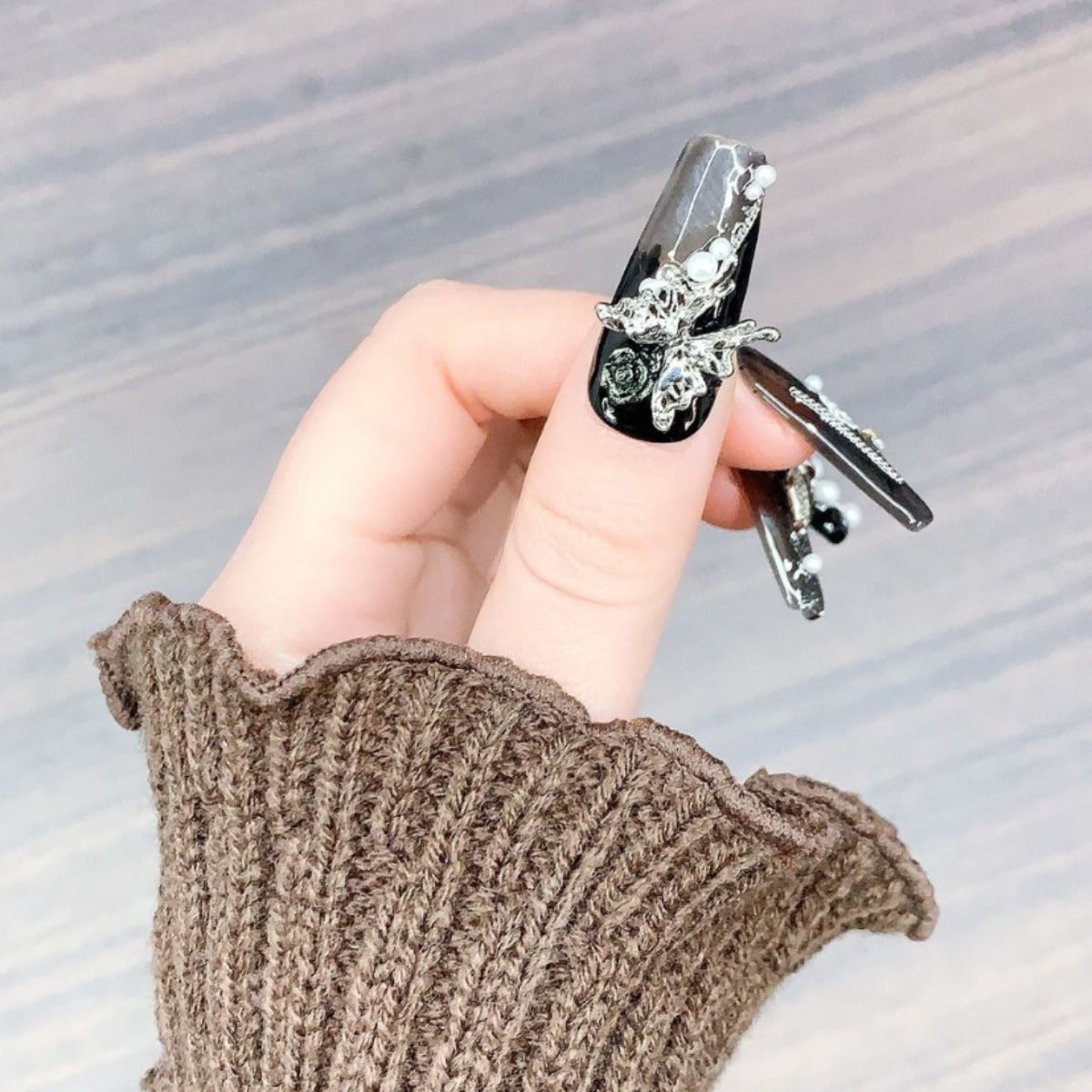 (Hand-Made Nail) Heavy Industry Super Long Ladder Hand-Worn Nail Tip Manicure Wholesale Nail Tip Nail Patch Rose Flower Sweet Cool Hot Girl