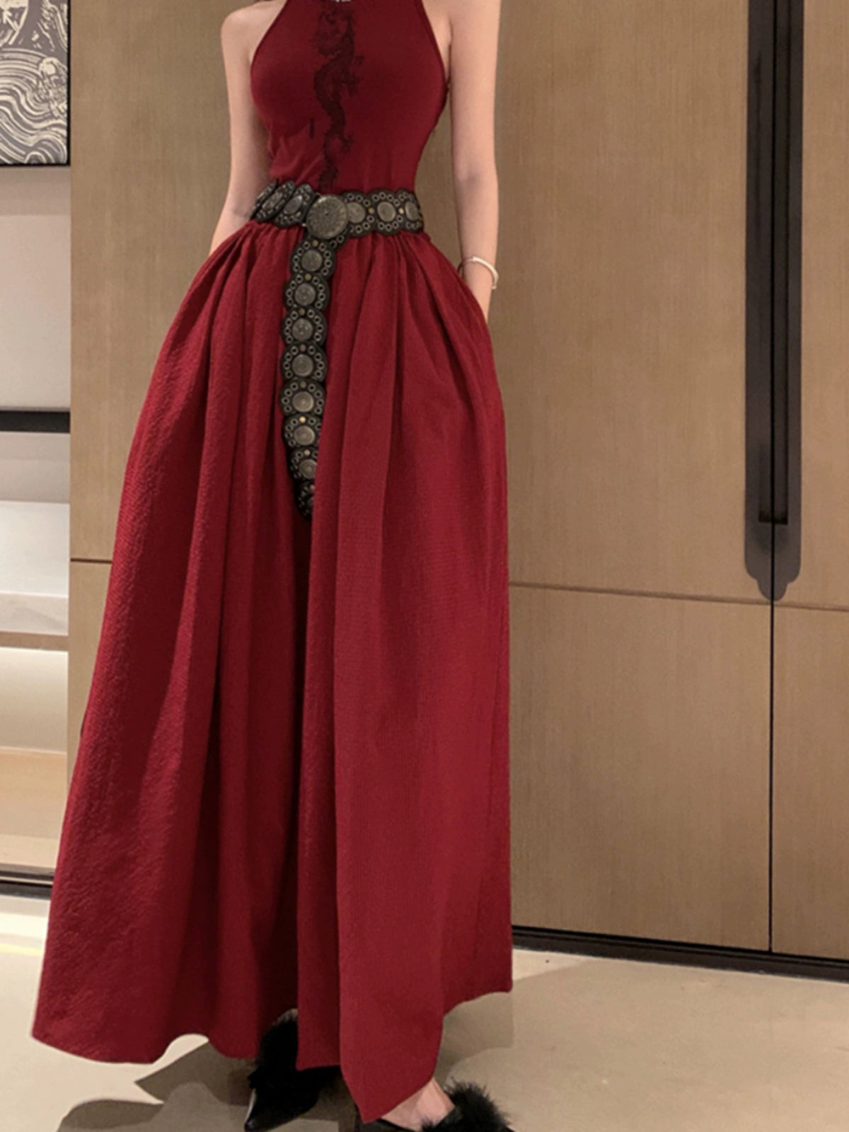 Fashion women's wear New Chinese Style Printed Sleeveless Dress Women's New Waist-Tight Elegant High-Grade Pettiskirt Autumn and Winter Formal Dress