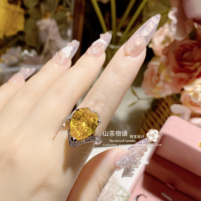 Camellia富婆款仿帕帕拉恰戒指 镀金超大夸张黛粉锆直播引流戒指