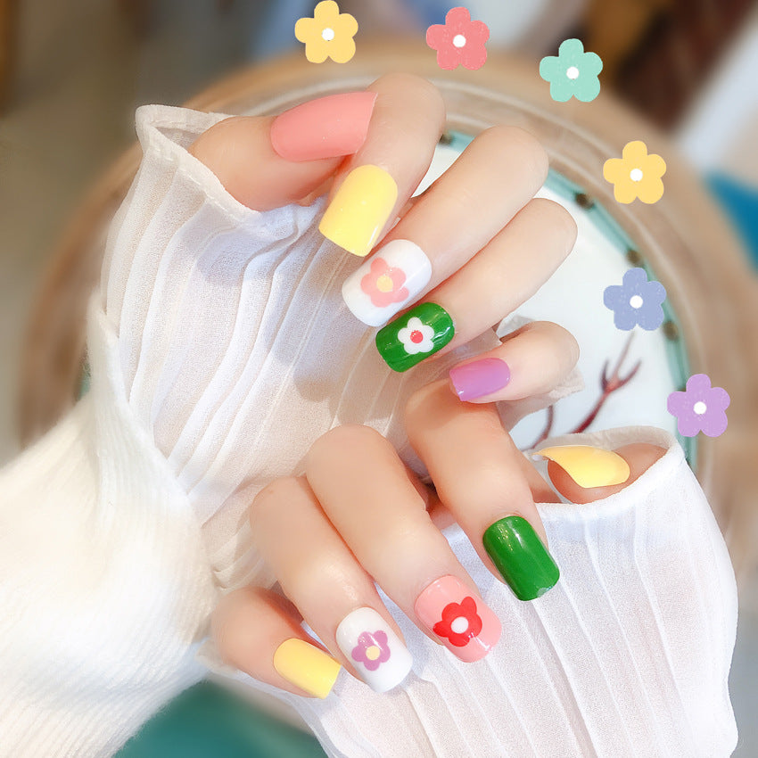 Fashion  nail Wear Nail Full Stickers Cute Flower Manicure Fake Nails Removable Nail Sticker Multi-Color Nail Tip Finished S49