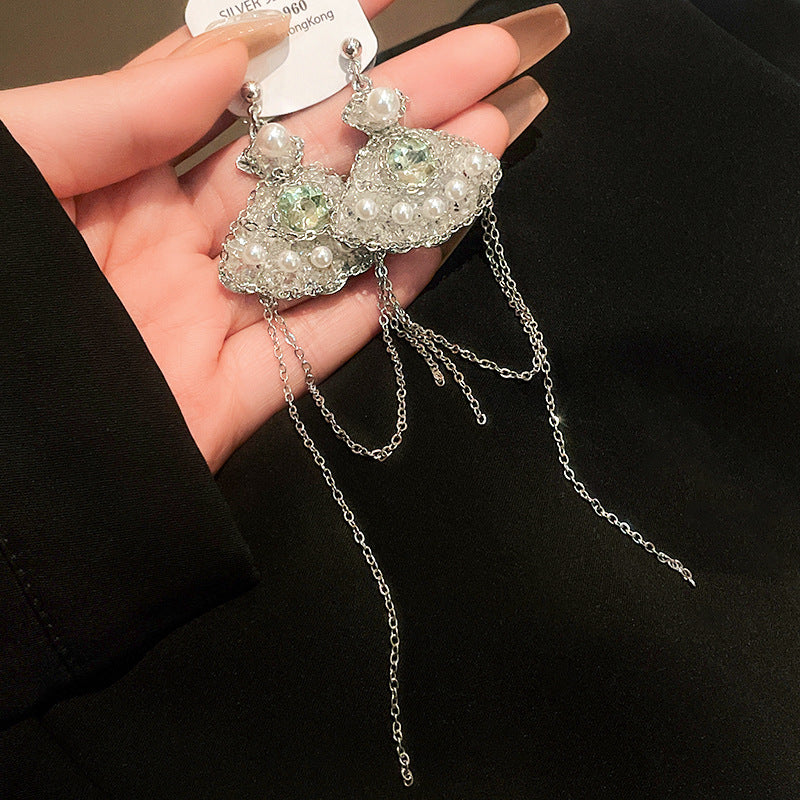 银针镶钻珍珠扇子流苏耳环小众ins甜美设计感耳钉高级感耳饰批发
