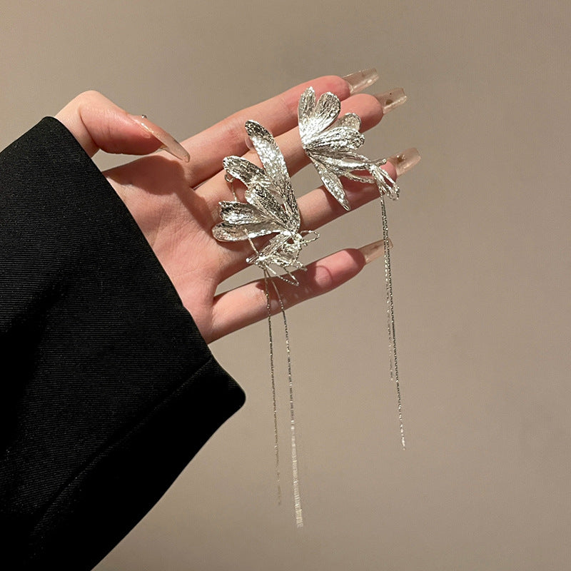 银针蝴蝶不对称链条流苏耳环个性轻奢冷淡风耳坠小众气质耳饰批发