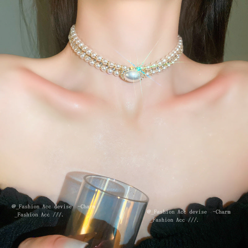 法式时尚镶钻珍珠椭圆多层项链轻奢高级感choker颈链气质项饰批发