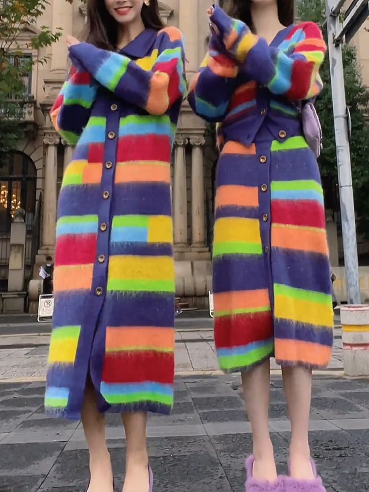 Dopamine tops Free shipping Tattoo 2023 new French long sweater skirt rainbow knitted dress high sense inside dopamine women autumn and winter