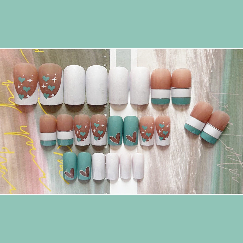 湖绿爱心穿戴甲线条nails 法式跨境美甲片外贸假指甲长方甲美甲贴