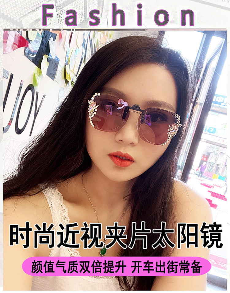 Women's fashion glasses 水钻近视墨镜夹片女防紫外线开车专用偏光太阳镜夹片式2023年新款