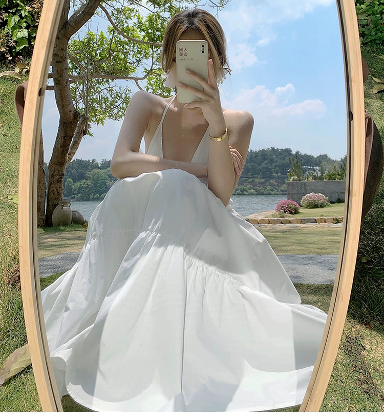 Fashion women's wear Yunnan Travel Photography Fairy Dress Orange Deep V-neck Backless Sling Dress Sanya Seaside Beach Skirt Female