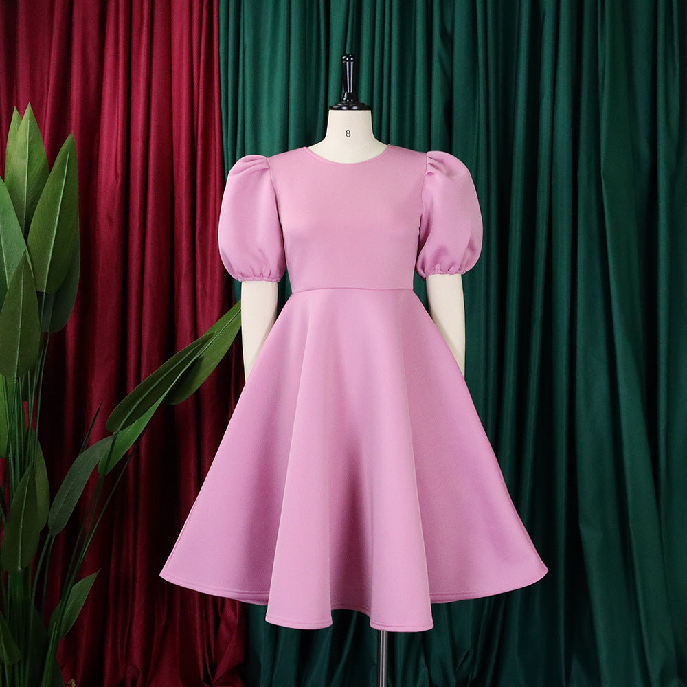 Fashion women's wear Cross-Border European and American Amazon Summer round Neck Graceful Puff Sleeve Waist-Controlled Large Hem Elegant A- line Foreign Trade Dress