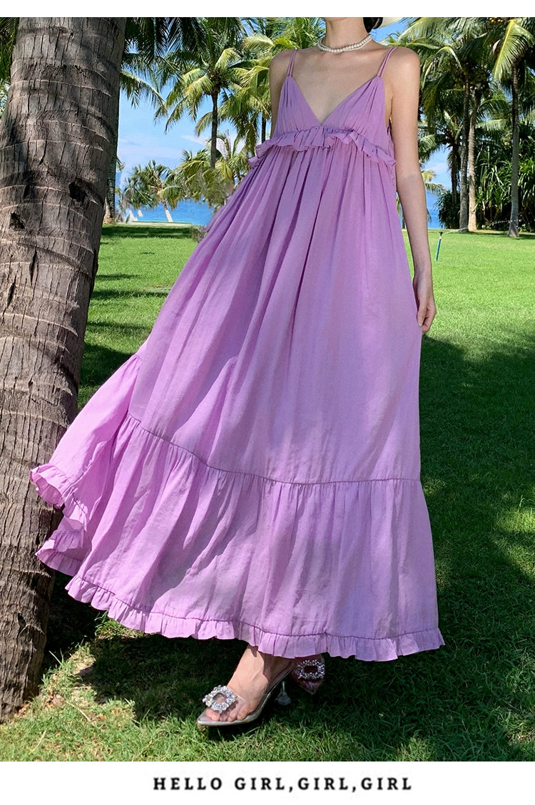Fashion women's wear Fabric Romantic Lace Dress V-neck Comfortable Loose Vacation Suspender Dress Chic Beautiful Purple Dress