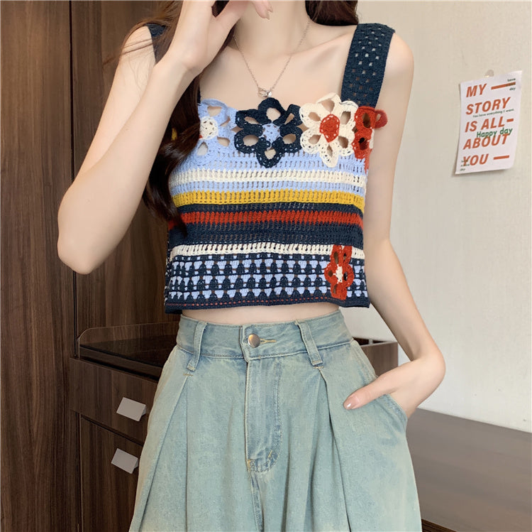 Dopamine tops Free shipping Tattoo Dopamine Stripe Hollow Suspender Small Vest Women's Xia Tailand Wear Ethnic Style Outside Thai Seaside Top
