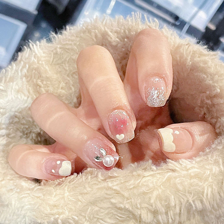Fashion  nail Short Cute Pure Desire Bunny Wear Nail Pearl Long Diamond Rabbit Fake Nail Tip Nail Tip Flash Blush Nail Tip A2