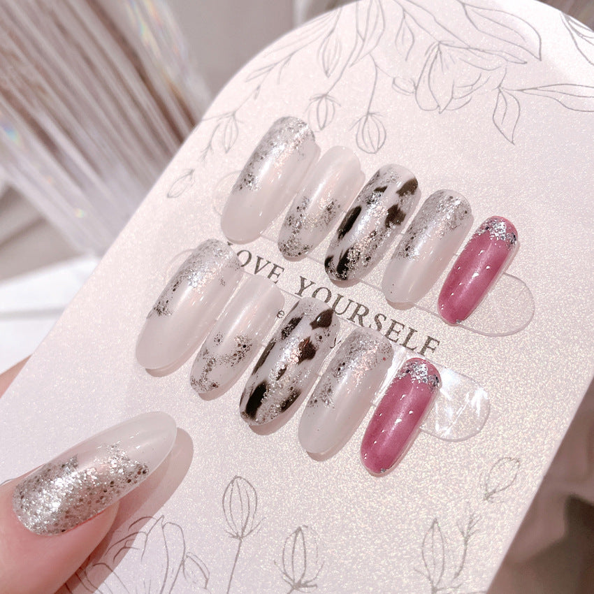 Fashion  nail European and American Wear Nail Polish Gradient Milky White Blooming Shimmering Powder Sequins Wear Nail Wearable Nail Patch A63