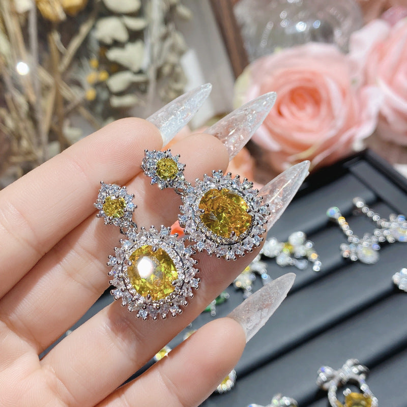 山茶新品奢华璀璨彩宝金黄锆耳饰 镀18k优雅贵气高级精致银针耳钉