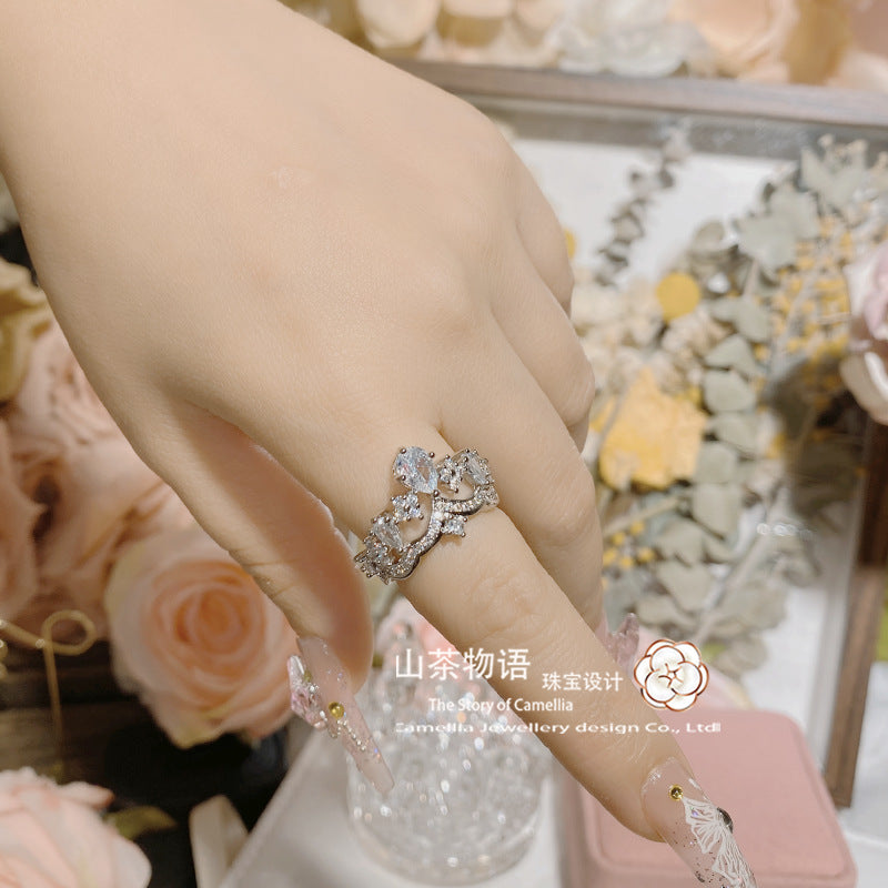 Camellia少女公主皇冠高级感仿真钻戒指 ins轻奢气质百搭活口指环