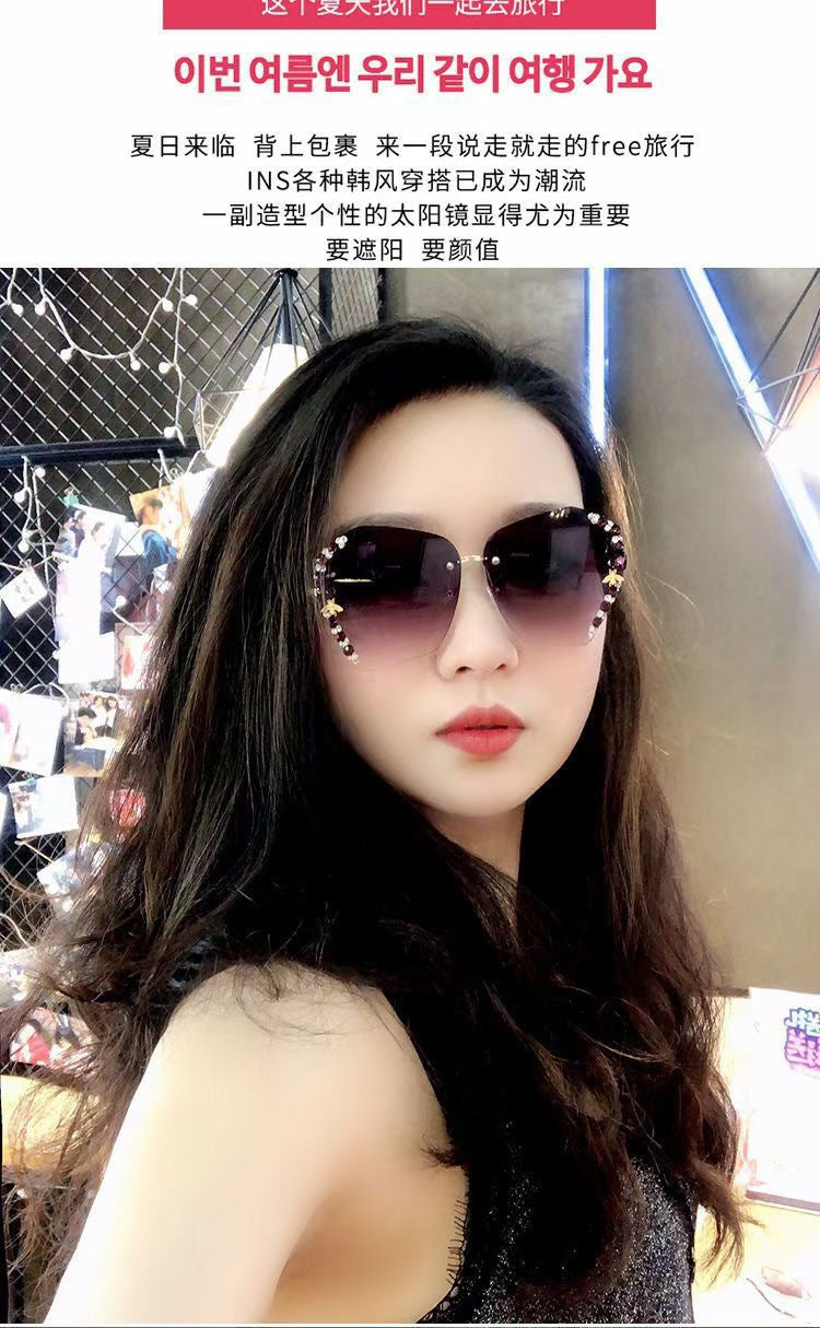 Women's fashion glasses 网红带钻墨镜女2022小蜜蜂水钻无框大脸显瘦太阳眼镜女防紫外线