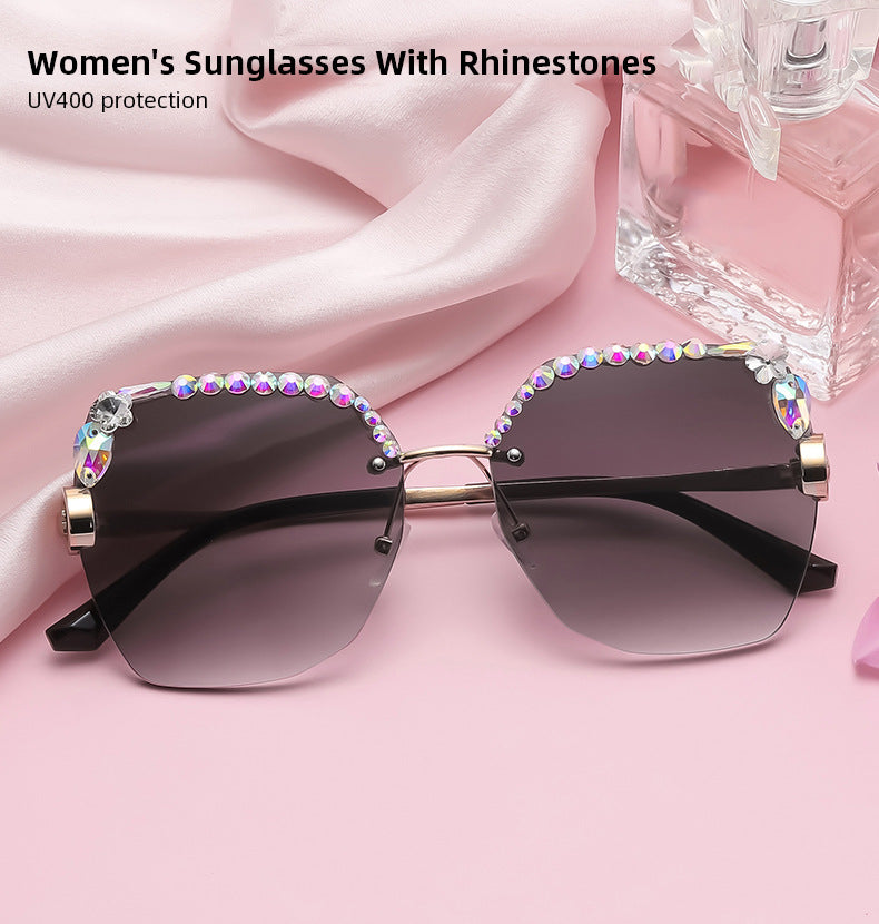 Women's fashion glasses 2024 新款跨境钻石切边女士太阳镜时尚眼镜开车驾驶防紫外线墨镜