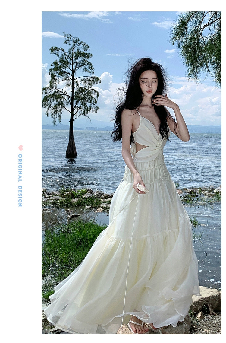 Fashion women's wear Tea Break French Advanced Sexy Backless Spaghetti Straps Dress Fairy Lady Super Fairy Gorgeous Seaside Vacation Beach Dress