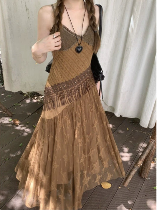 Fashion women's wear New Chinese Retro Heavy Industry Color Matching Sling Dress Female Spring 2024 New Holiday Slimming Elegant Long Dress