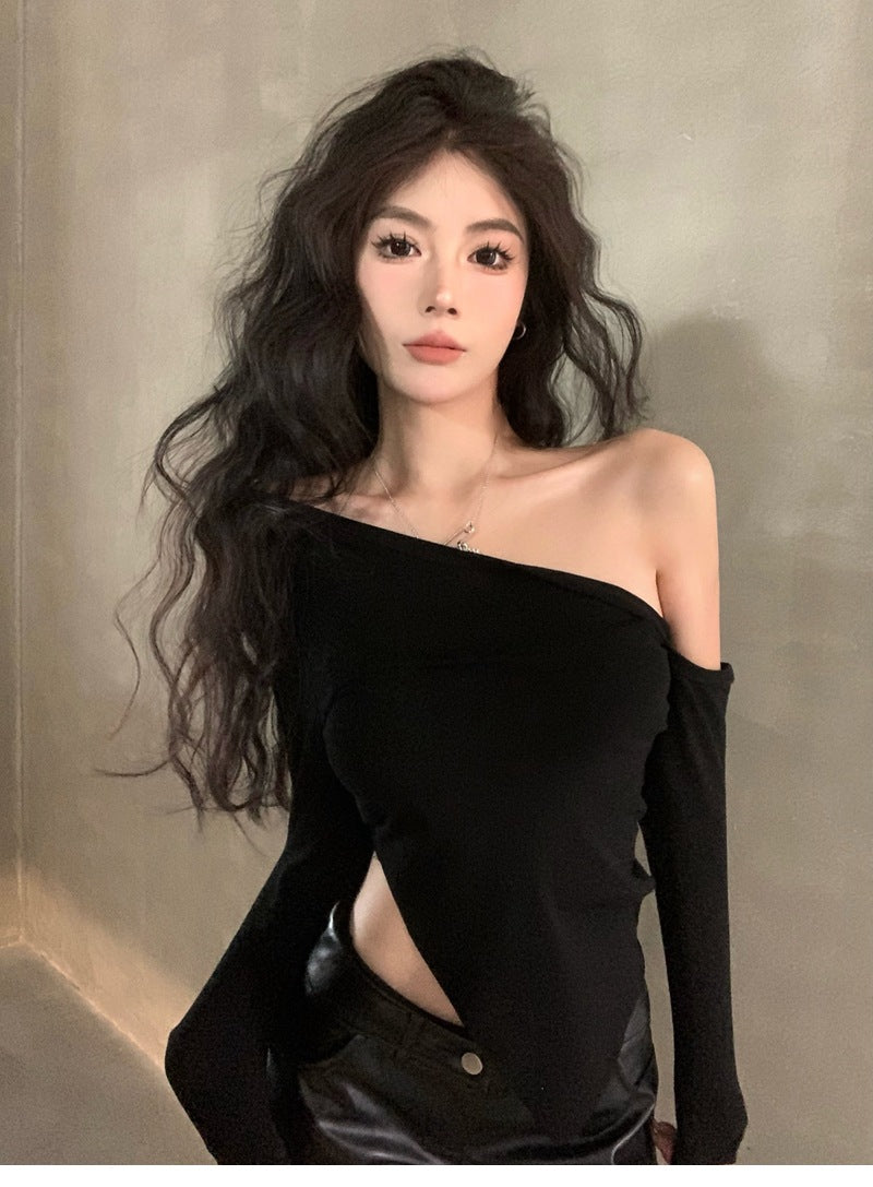 Dopamine tops Free shipping Tattoo Black Pure Lust Sexy Slim Skinny Top Women's Autumn Sweet and Cool Spice Girl Slant Neck Off-Shoulder Irregular Long Sleeve T-Shirt