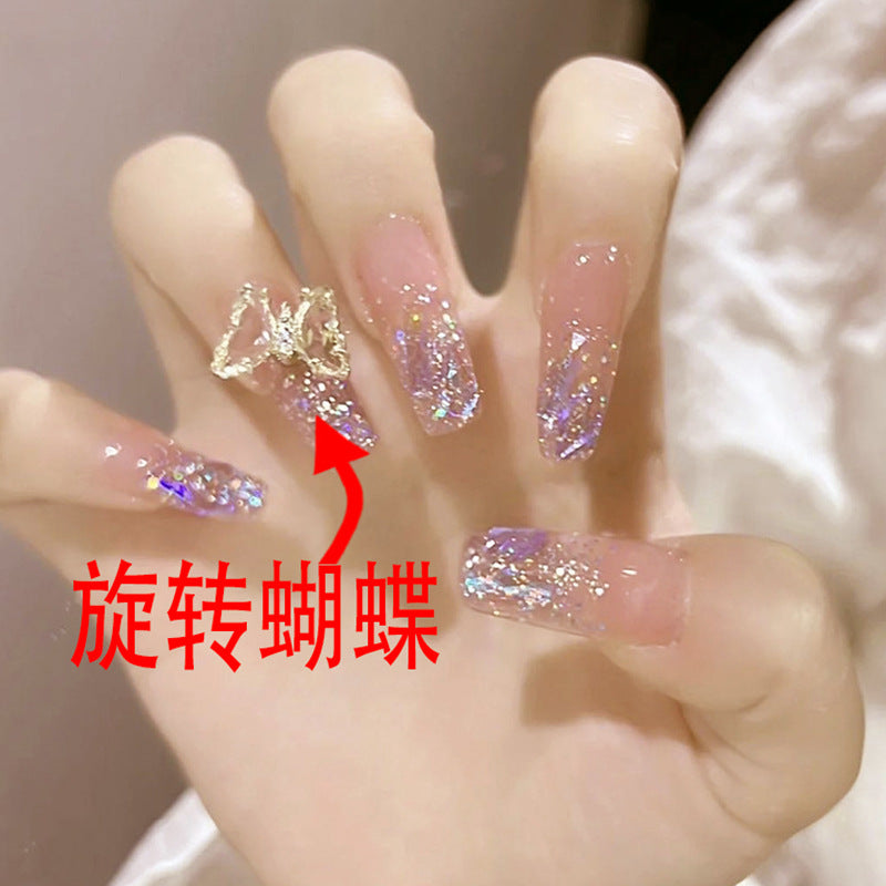 (Hand-Made Nail) Handmade Phototherapy Wearing Nail Wholesale Flash Phantom Purple Rotating Crystal Butterfly Wearable Nail Sticker Finished Nail Art
