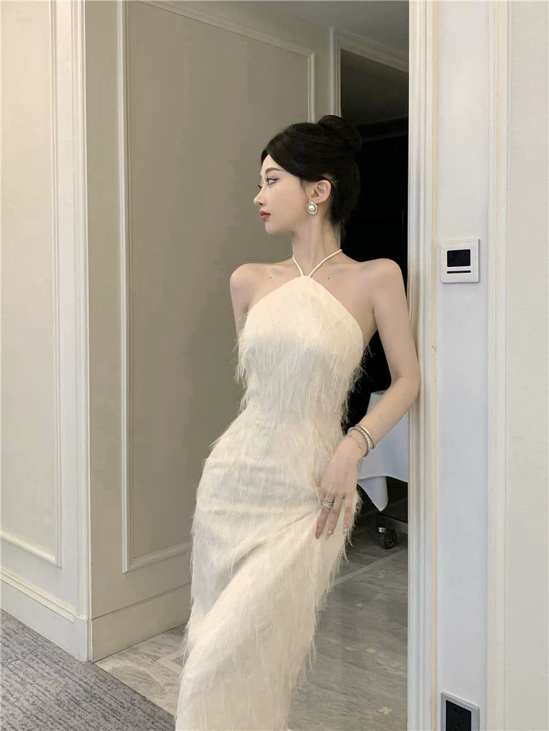 Fashion women's wear French Backless Tassel Halter Spaghetti Straps Dress Women's Spring Temperament Advanced Sexy Engagement License Birthday Party Formal Dress