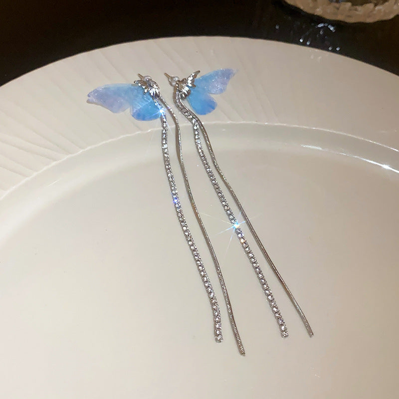 银针网纱蝴蝶翅膀镶钻流苏耳环轻奢小众长款耳坠时尚百搭耳饰批发
