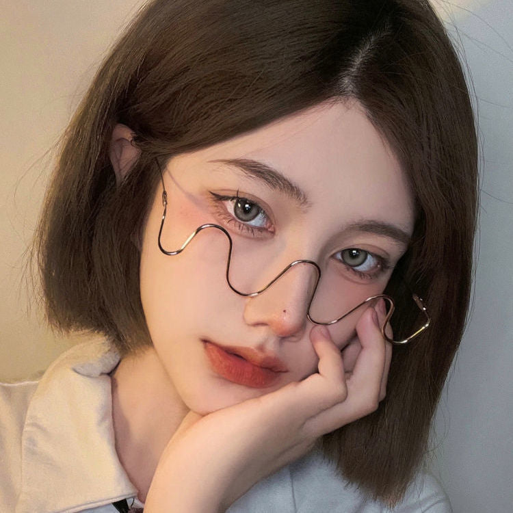 Women's fashion glasses波浪镶钻ins无镜片凹造型网红眼镜框架潮个性装饰线条显瘦素颜镜