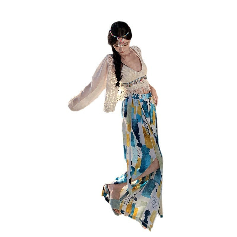 Dopamine pants Free shipping Tattoo Seaside photo pants super fairy summer Thailand Sanya seaside vacation wide-leg pants dopamine beach skirt pants trousers