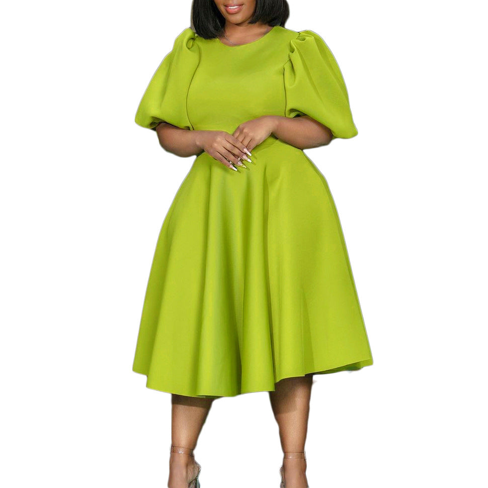 Fashion women's wear Cross-Border European and American Amazon Summer round Neck Graceful Puff Sleeve Waist-Controlled Large Hem Elegant A- line Foreign Trade Dress