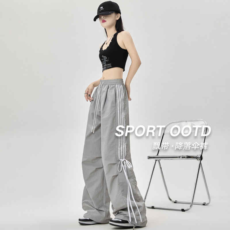 Dopamine pants Free shipping Tattoo American dopamine parachute overalls women's summer bow streamer dancing pants wide-leg ice silk quick-drying pants