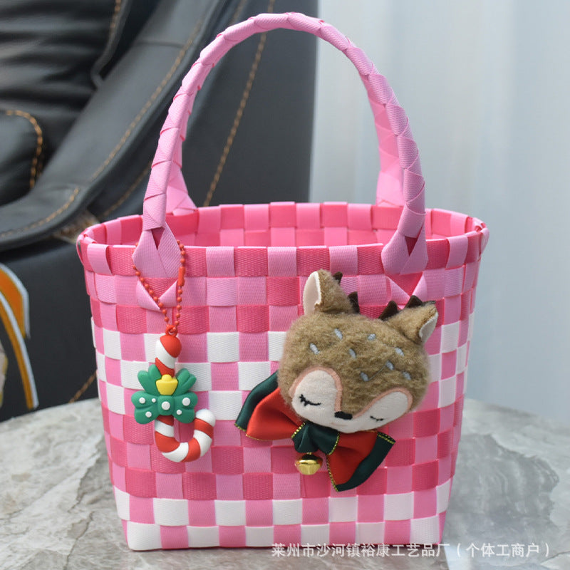 Dopamine Bag Free shipping Tattoo Cartoon dopamine plastic woven bag, trendy macaron hand-woven vegetable basket bag, cute casual seaside beach bag