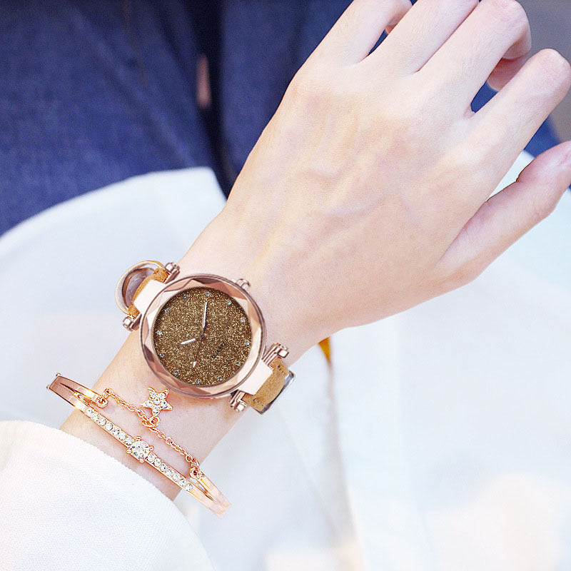 Fashion women's watchForeign Trade Popular Style Silver Pink Rhinestone Face Women's Watch Frosted Leather Watch Strap Women's Casual Trend Two-Piece Set Wrist Watch